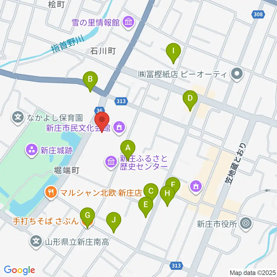 新庄市民文化会館周辺のファミレス・ファーストフード一覧地図