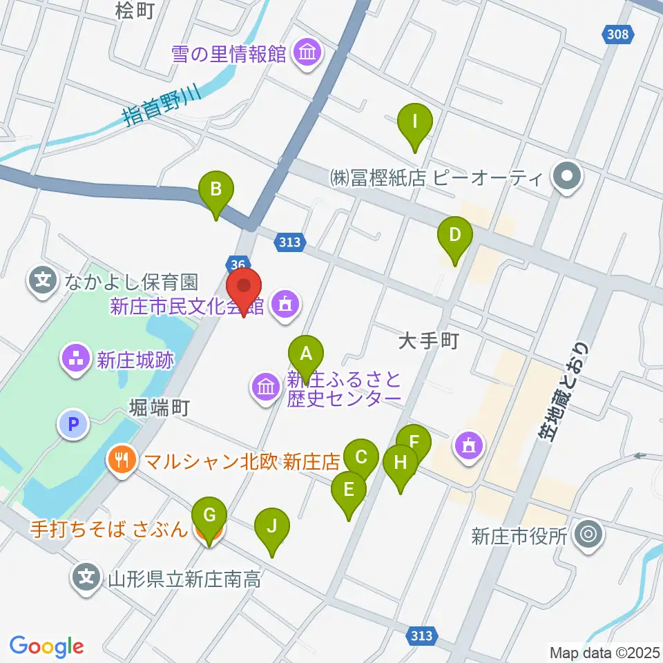 新庄市民文化会館周辺のファミレス・ファーストフード一覧地図