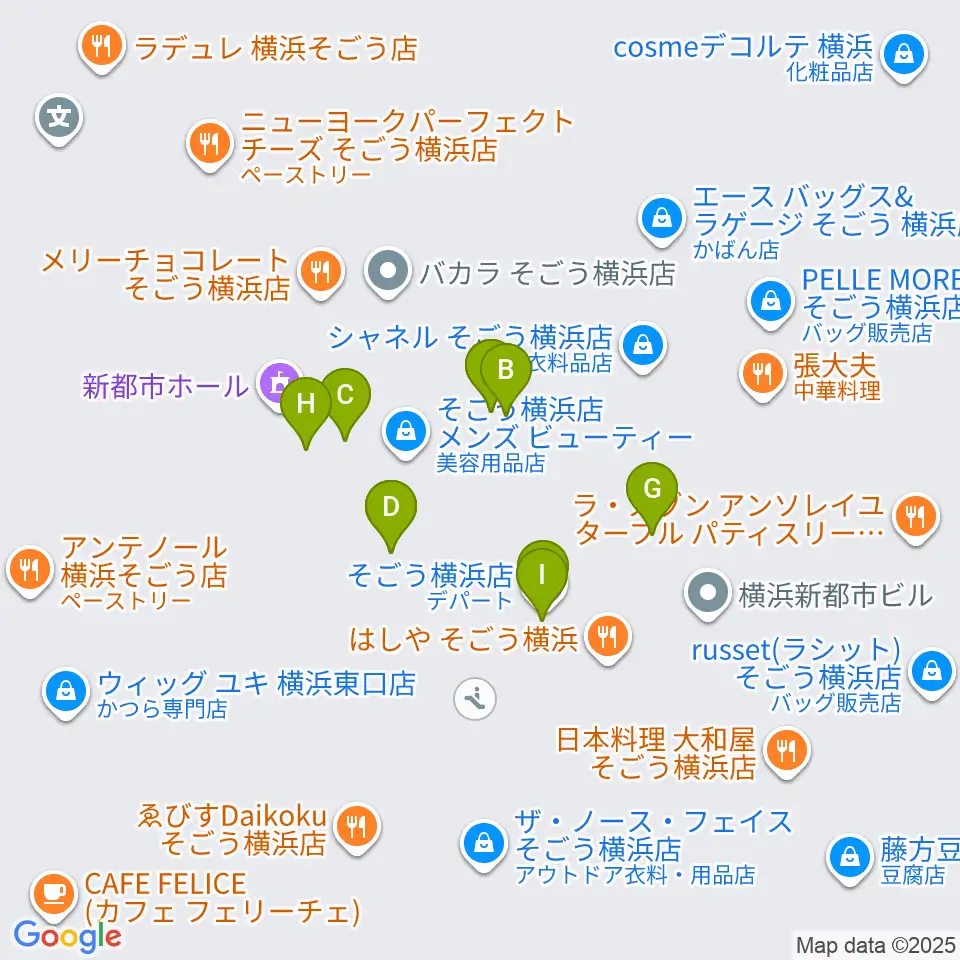 新都市ホール周辺のファミレス・ファーストフード一覧地図