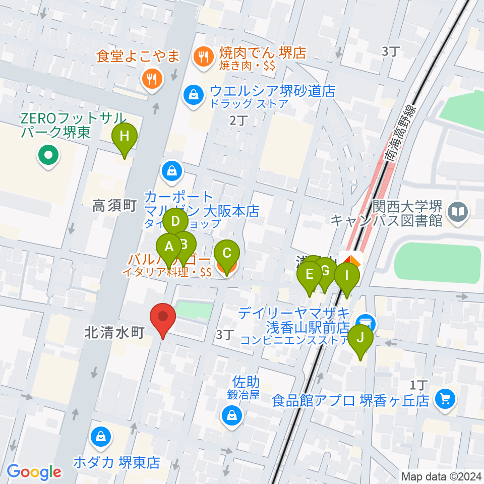 JwaGuitar音楽教室周辺のファミレス・ファーストフード一覧地図