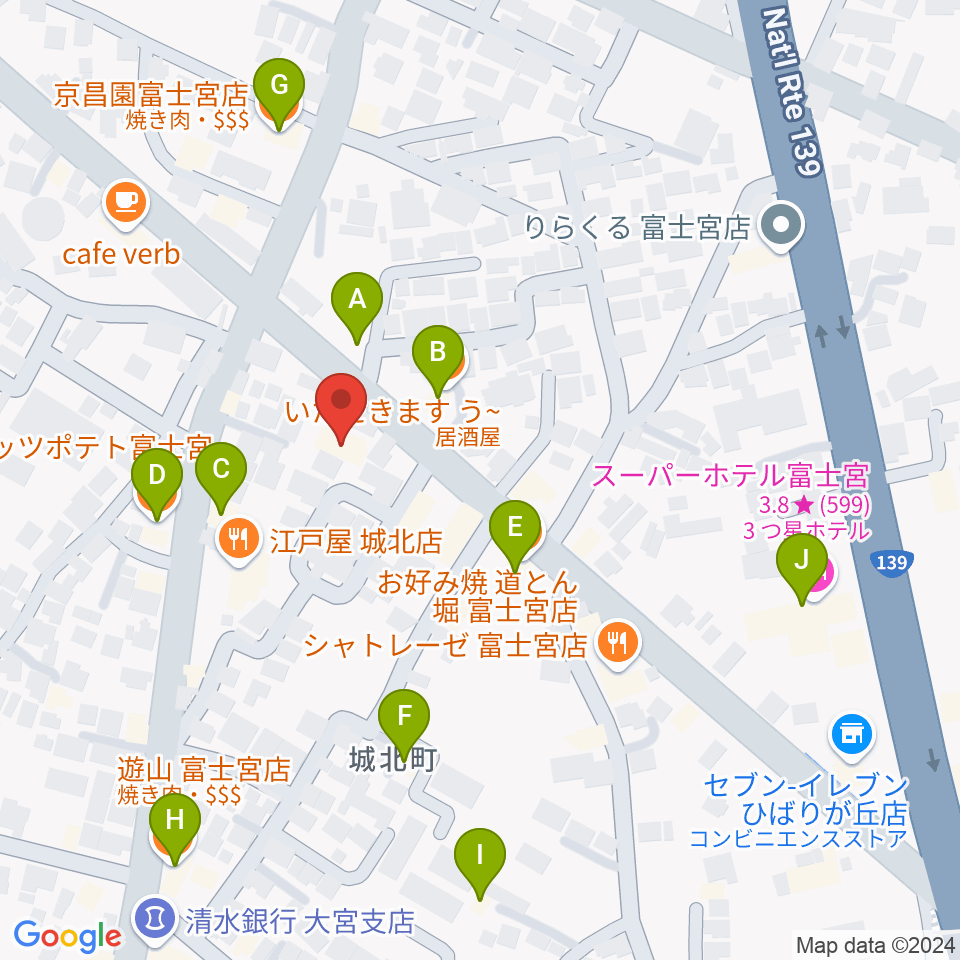 タンザワ楽器 富士宮音楽館周辺のファミレス・ファーストフード一覧地図