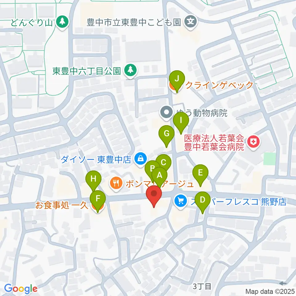 玉田ピアノ東豊中センター周辺のファミレス・ファーストフード一覧地図
