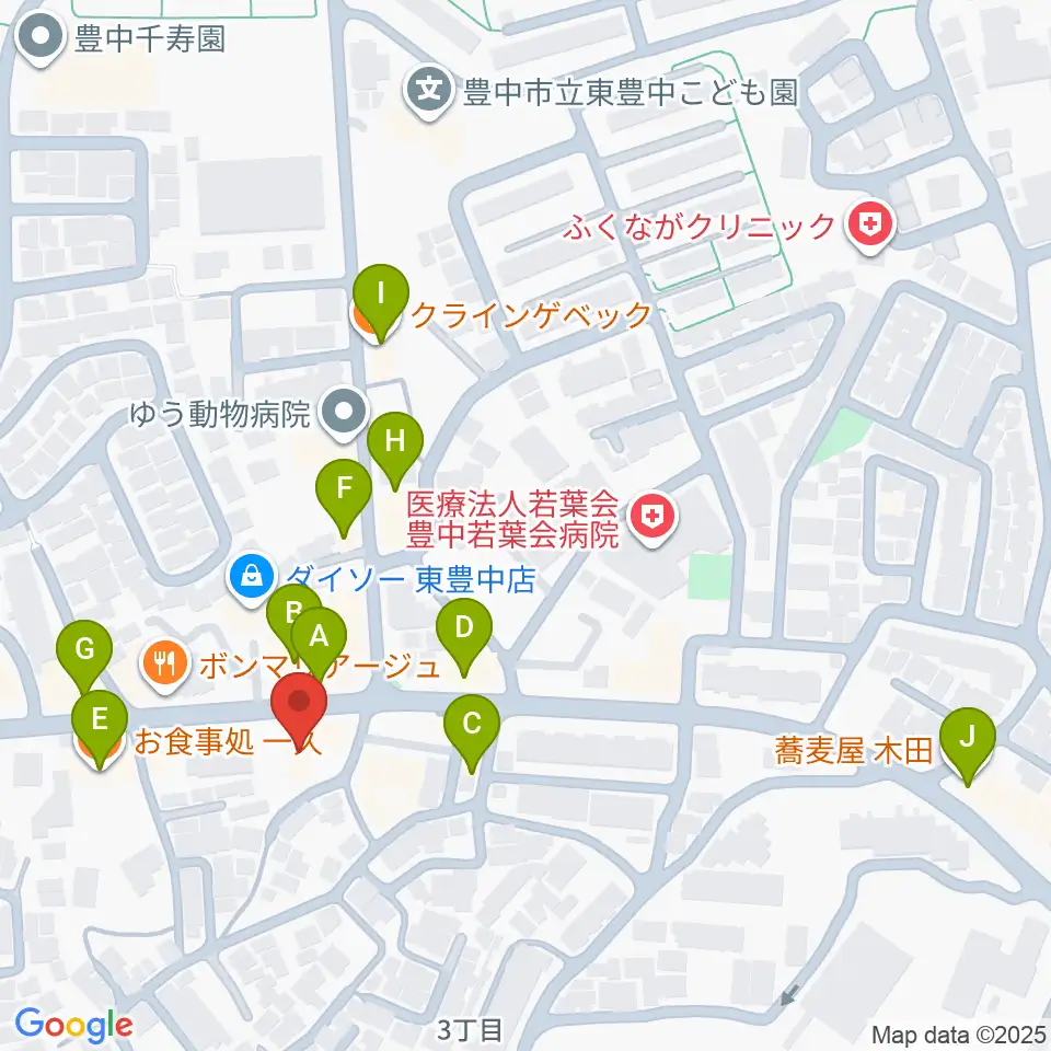 玉田ピアノ東豊中センター周辺のファミレス・ファーストフード一覧地図