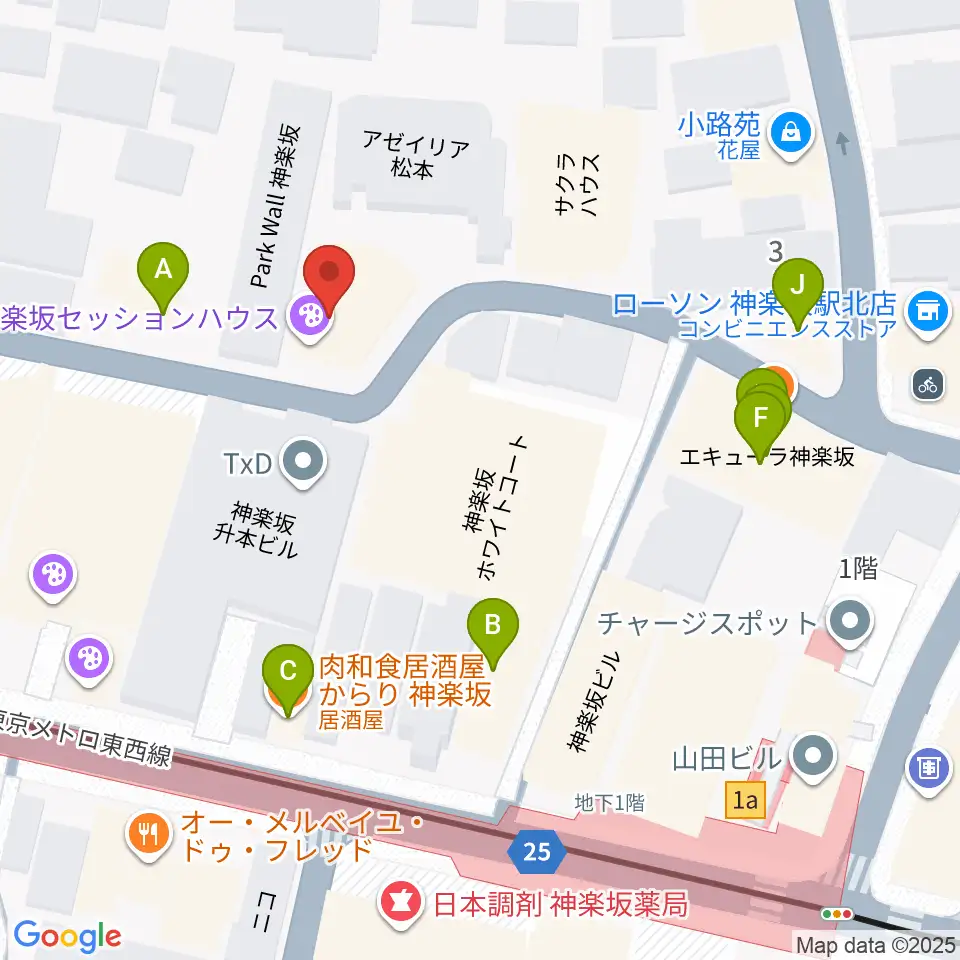 神楽坂セッションハウス周辺のファミレス・ファーストフード一覧地図