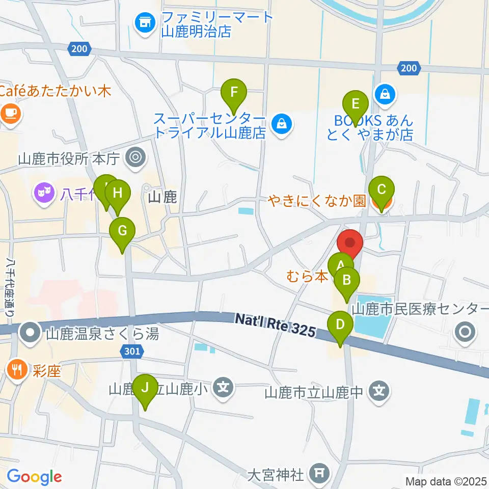 大谷楽器店 山鹿教室周辺のファミレス・ファーストフード一覧地図