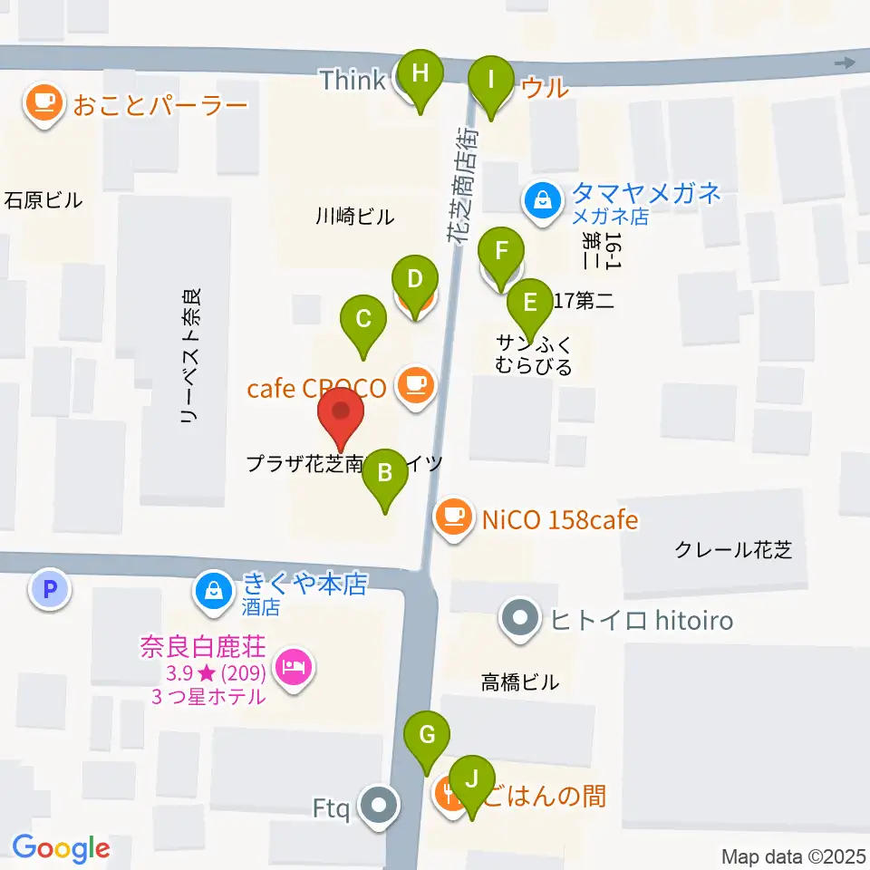 奈良ビバリーヒルズ周辺のファミレス・ファーストフード一覧地図