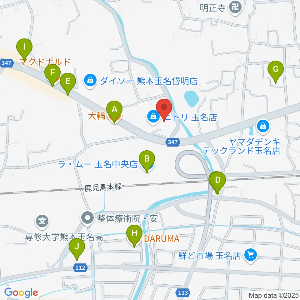 大谷楽器店 玉名教室周辺のファミレス・ファーストフード一覧地図