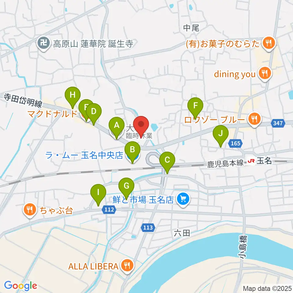 大谷楽器店 玉名教室周辺のファミレス・ファーストフード一覧地図