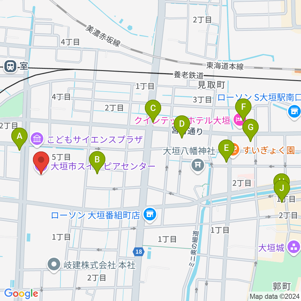 大垣市スイトピアセンター周辺のファミレス・ファーストフード一覧地図