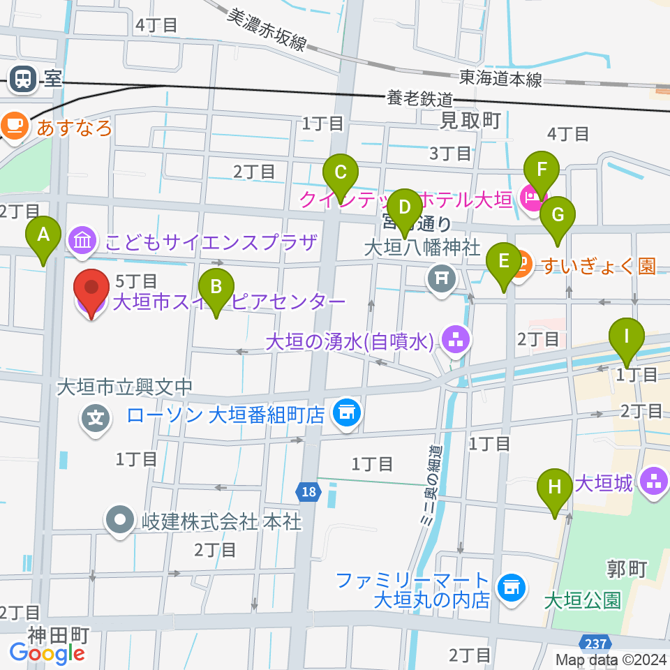 大垣市スイトピアセンター周辺のファミレス・ファーストフード一覧地図