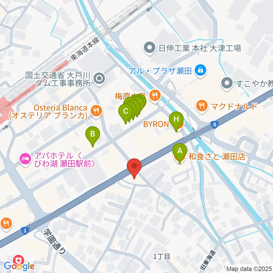 ロマン楽器 瀬田ショップ周辺のファミレス・ファーストフード一覧地図