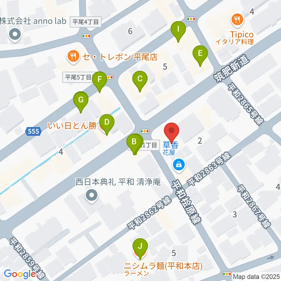フカノ楽器店 平尾ピアノ教室周辺のファミレス・ファーストフード一覧地図