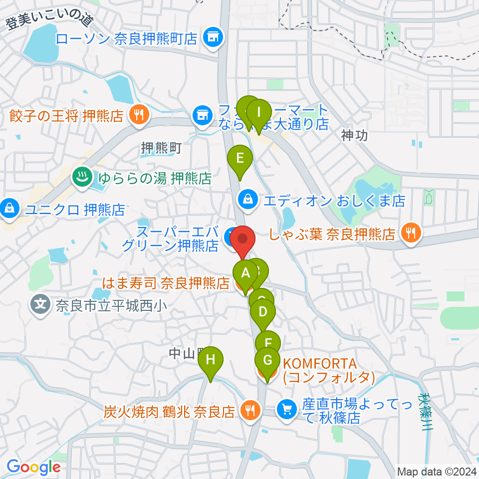 天理楽器 奈良店周辺のファミレス・ファーストフード一覧地図