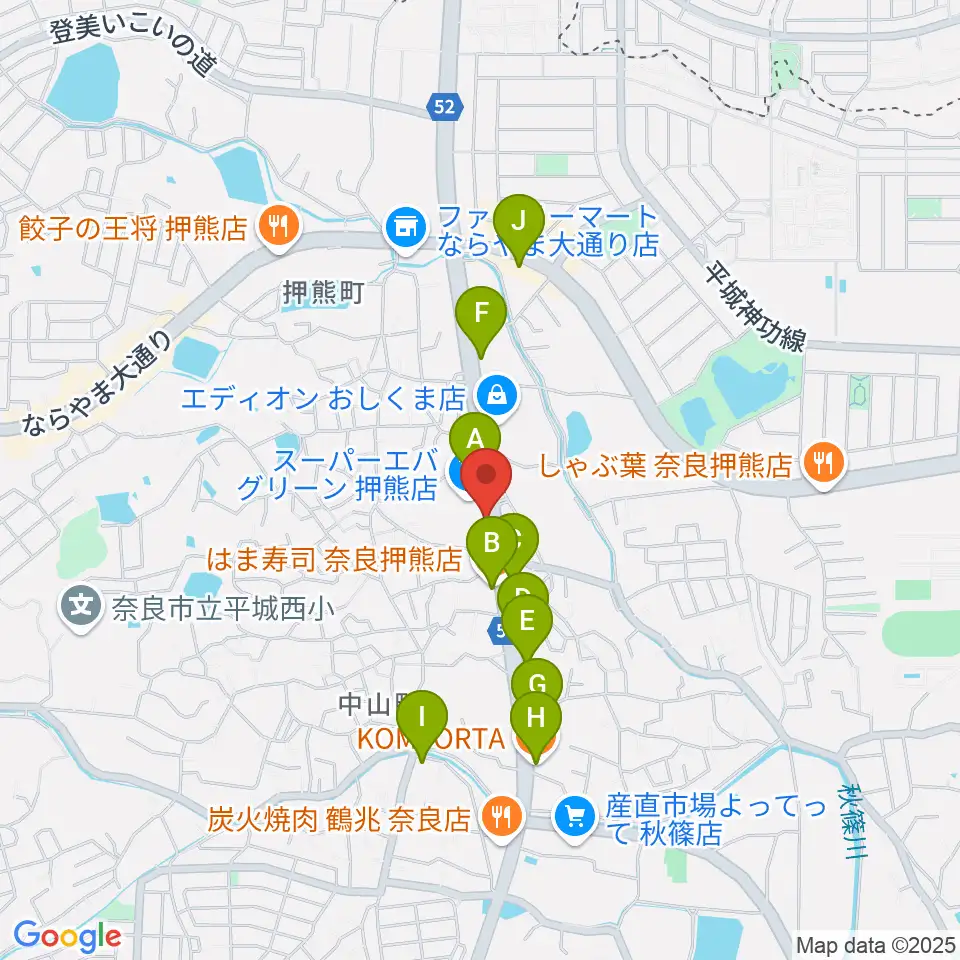 天理楽器 奈良店周辺のファミレス・ファーストフード一覧地図