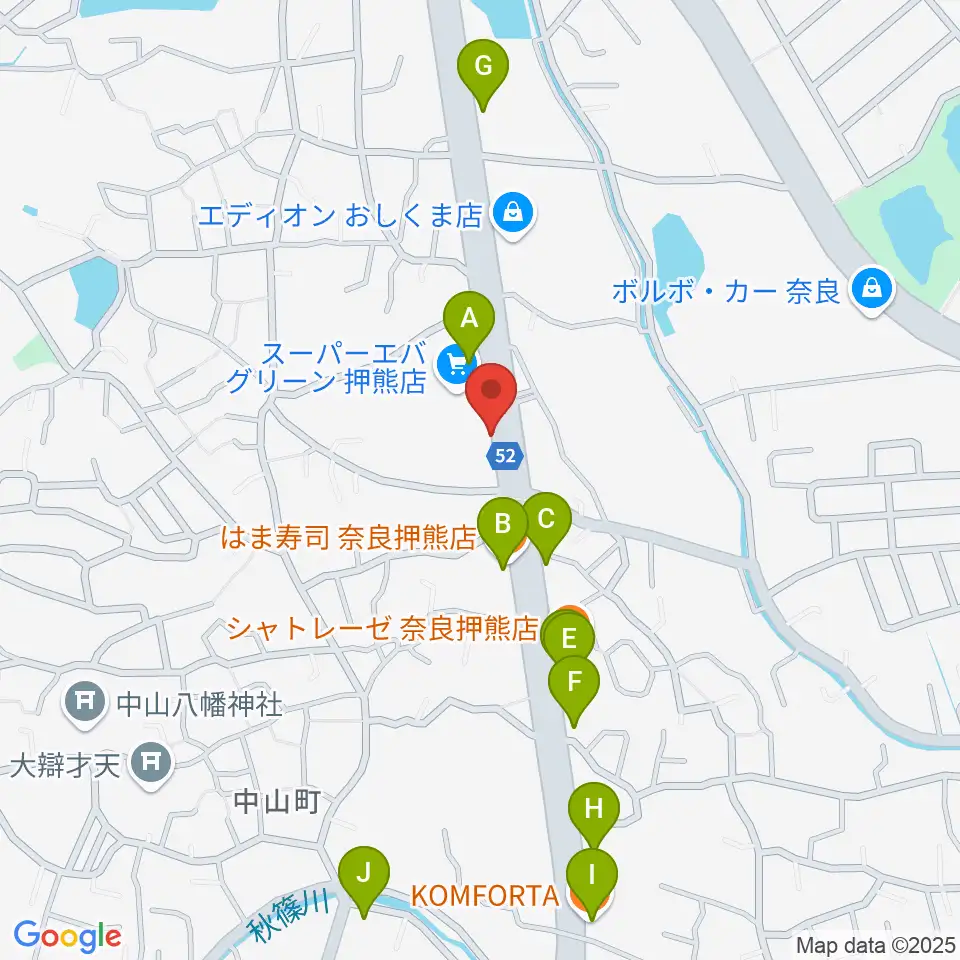 天理楽器 奈良店周辺のファミレス・ファーストフード一覧地図