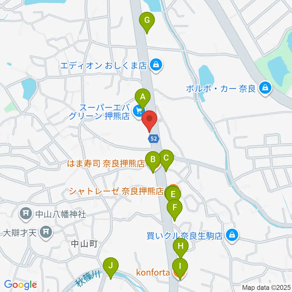 天理楽器 奈良店周辺のファミレス・ファーストフード一覧地図