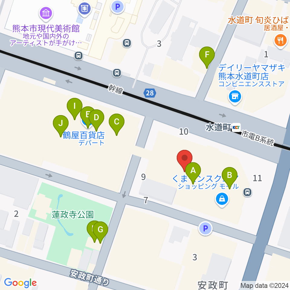 鶴屋ホール周辺のファミレス・ファーストフード一覧地図