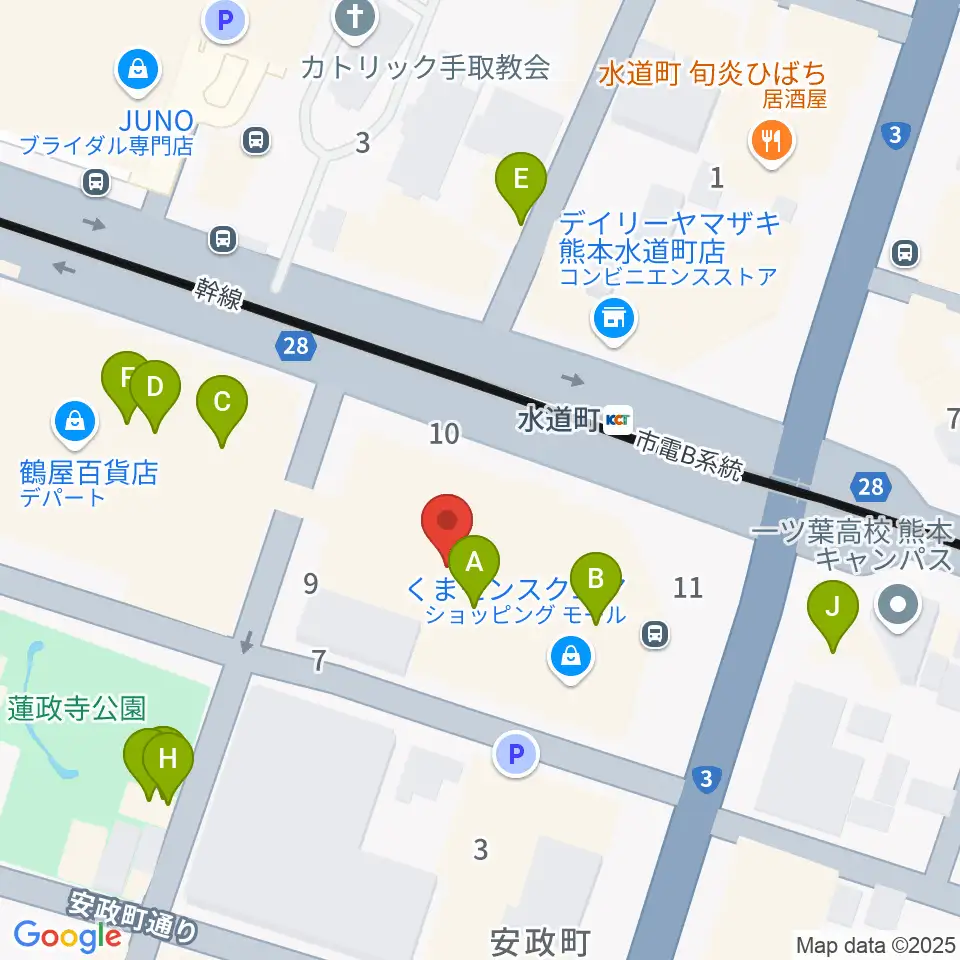鶴屋ホール周辺のファミレス・ファーストフード一覧地図