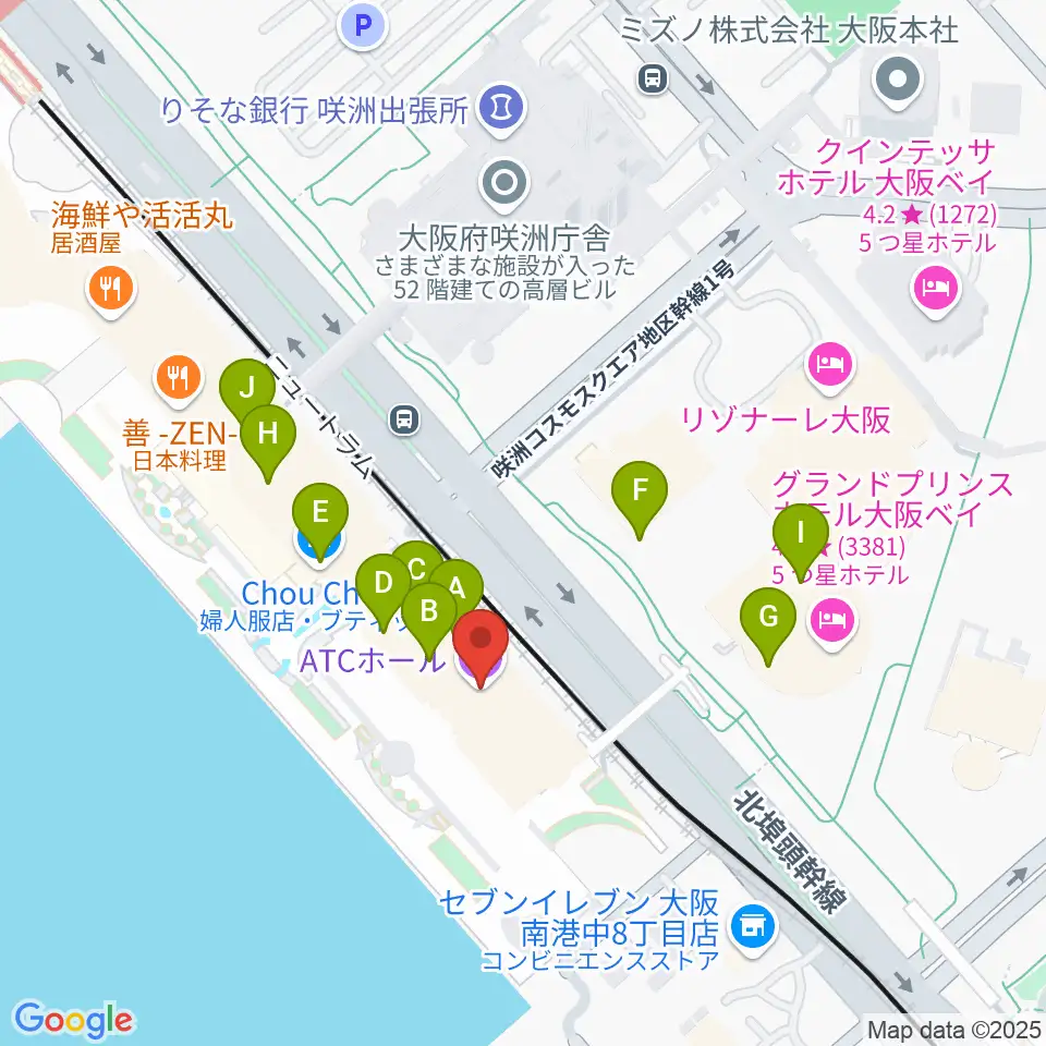 ATCホール周辺のファミレス・ファーストフード一覧地図