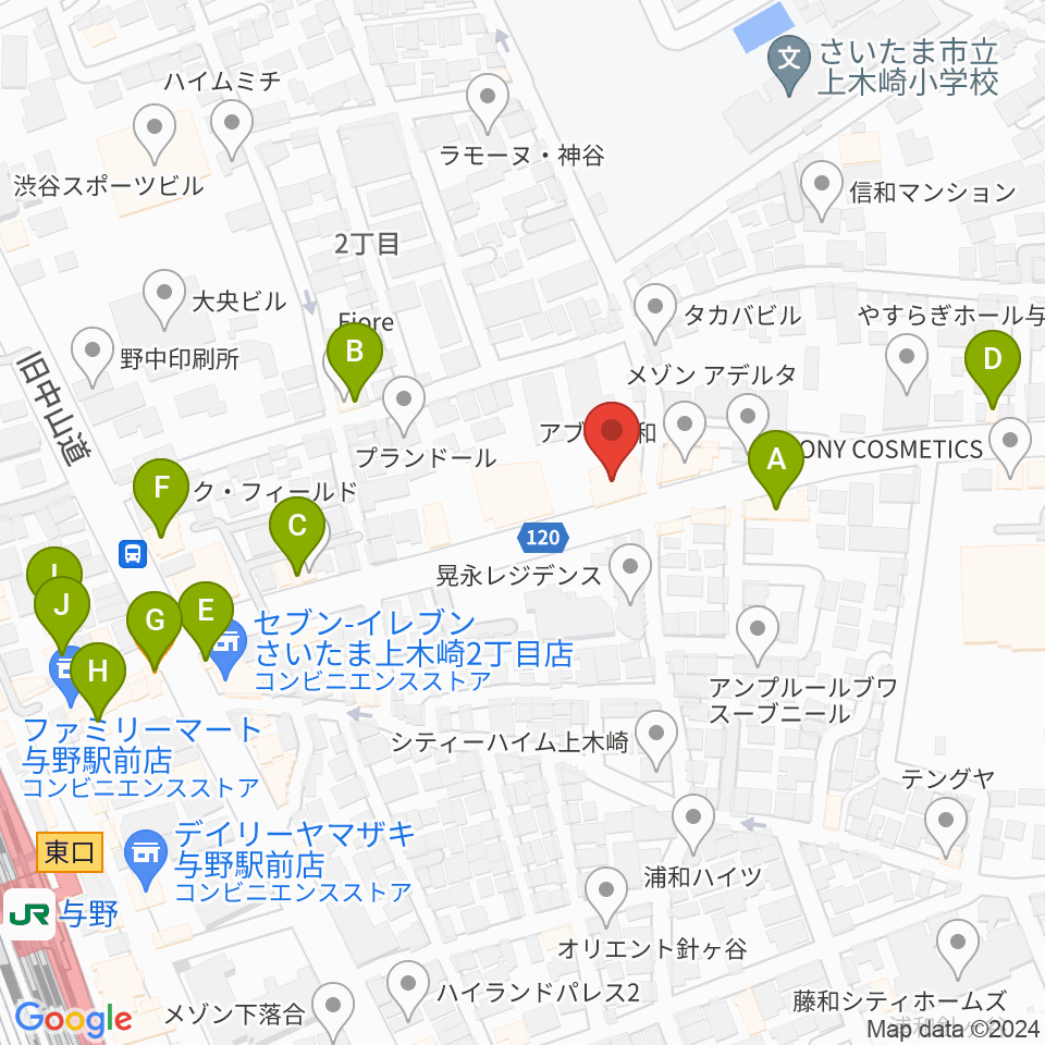 柏屋楽器 木崎ミュージックセンター周辺のファミレス・ファーストフード一覧地図