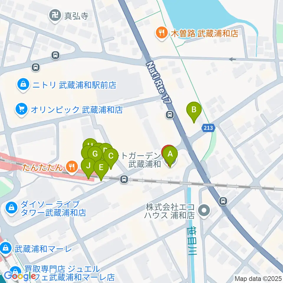 柏屋楽器 武蔵浦和ミュージックセンター周辺のファミレス・ファーストフード一覧地図