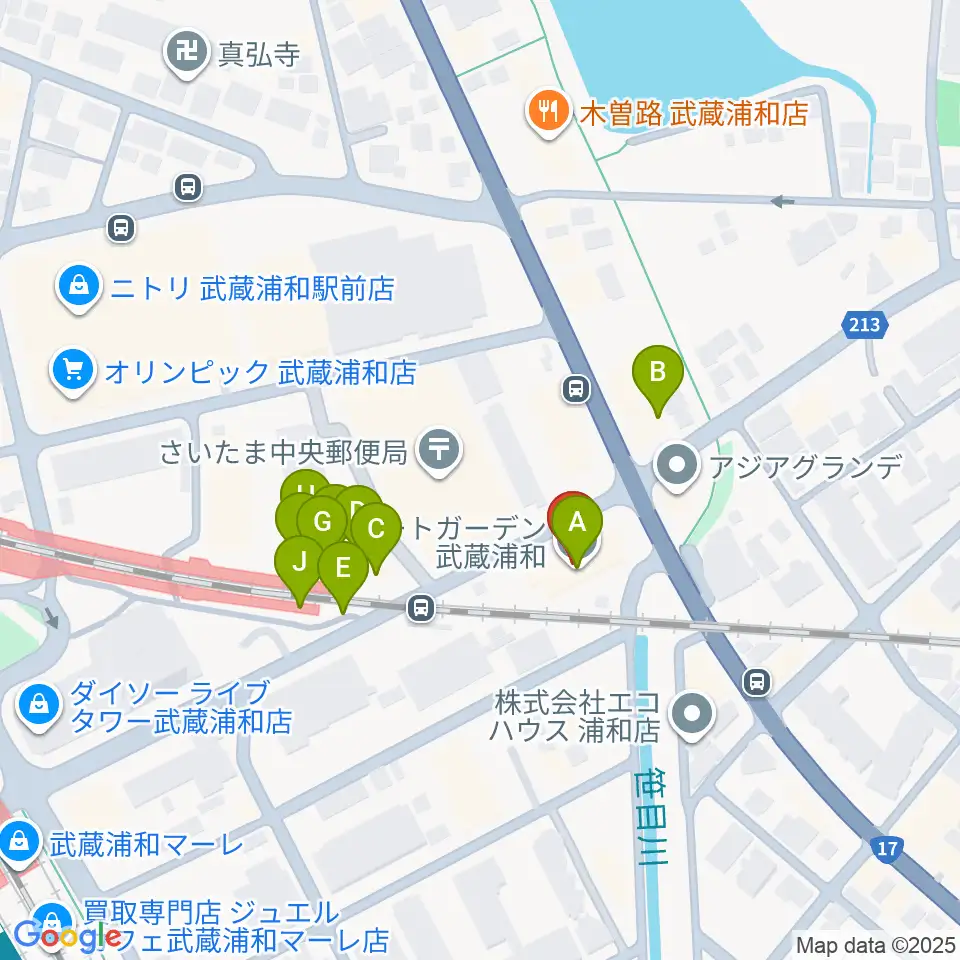 柏屋楽器 武蔵浦和ミュージックセンター周辺のファミレス・ファーストフード一覧地図