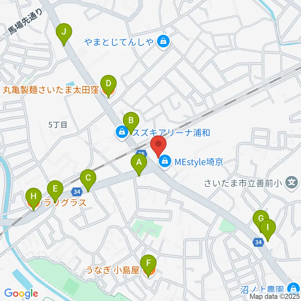 柏屋楽器 ミュージックサロン浦和南周辺のファミレス・ファーストフード一覧地図