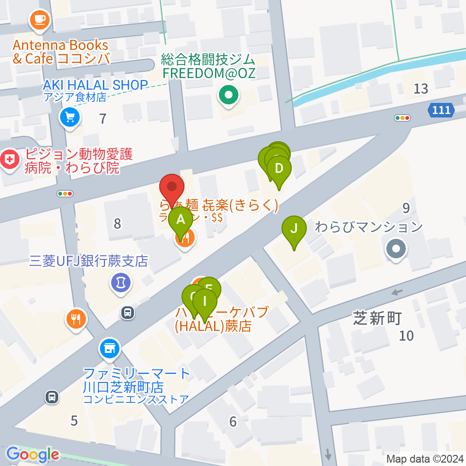 柏屋楽器 蕨ミュージックセンター周辺のファミレス・ファーストフード一覧地図