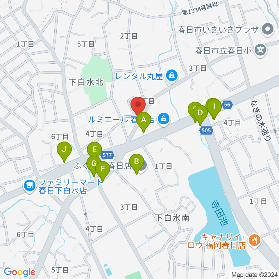 フカノ楽器店 春日ピアノ教室周辺のファミレス・ファーストフード一覧地図