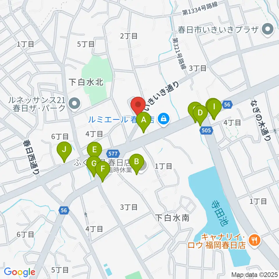 フカノ楽器店 春日ピアノ教室周辺のファミレス・ファーストフード一覧地図