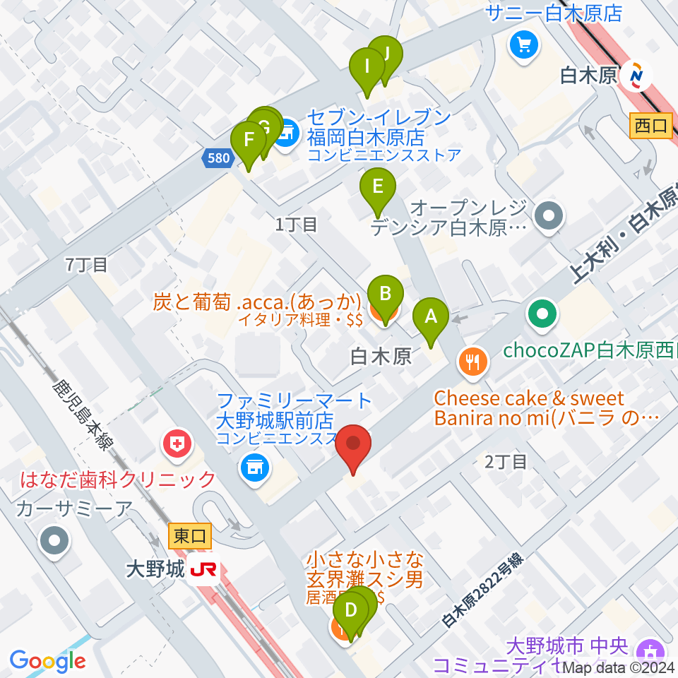 フカノ楽器店 大野城ピアノ教室周辺のファミレス・ファーストフード一覧地図