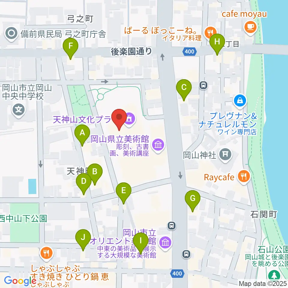岡山県天神山文化プラザ周辺のファミレス・ファーストフード一覧地図