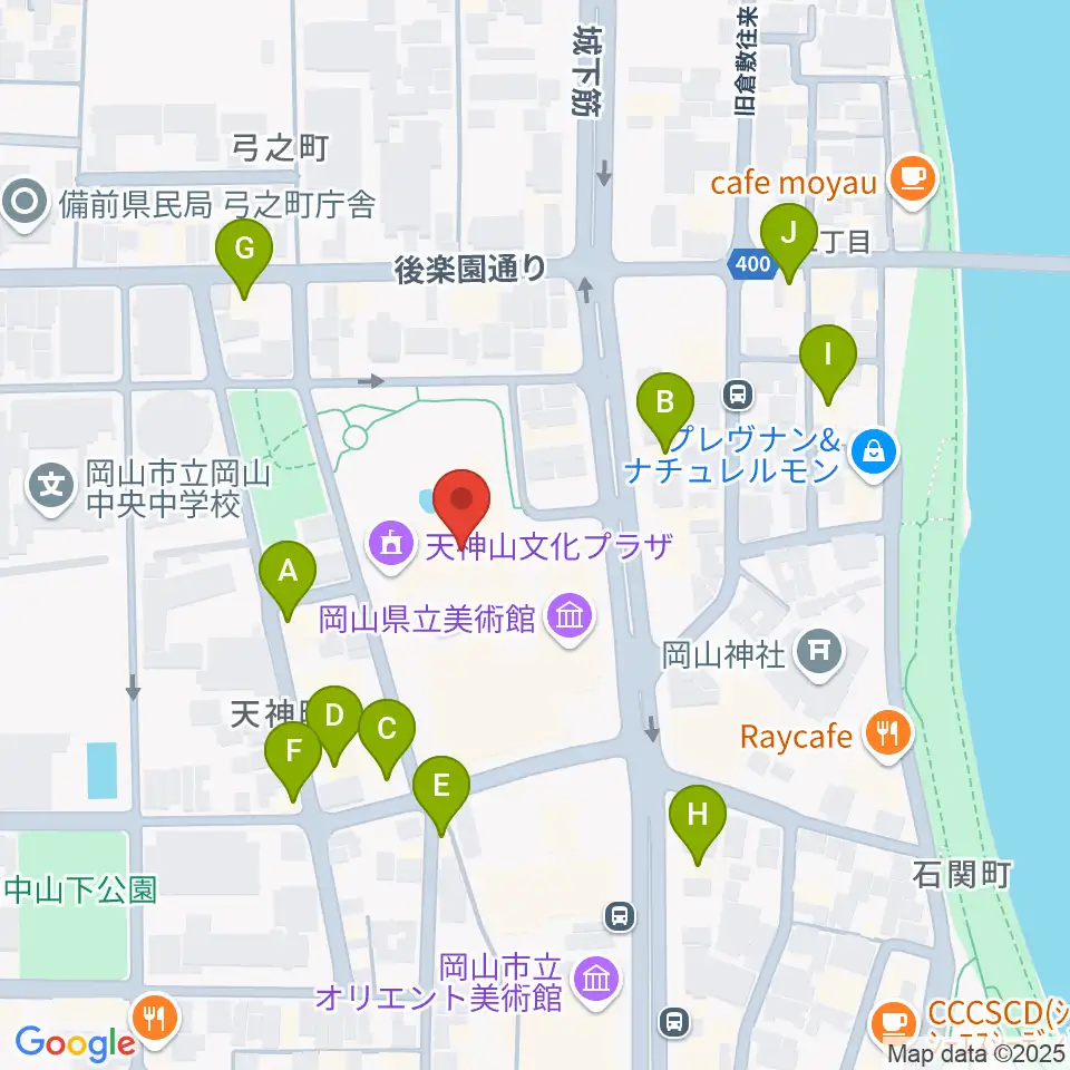 岡山県天神山文化プラザ周辺のファミレス・ファーストフード一覧地図