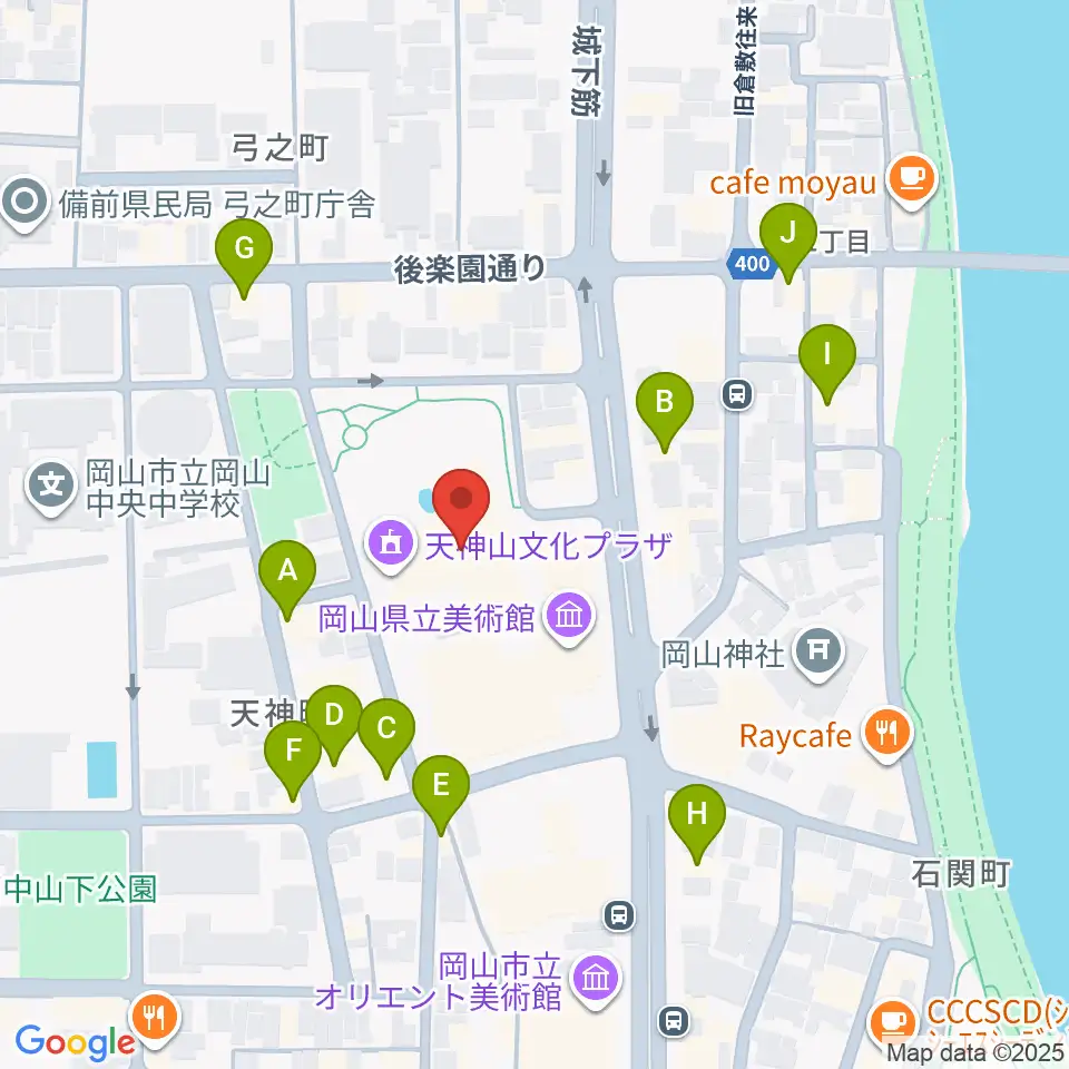 岡山県天神山文化プラザ周辺のファミレス・ファーストフード一覧地図