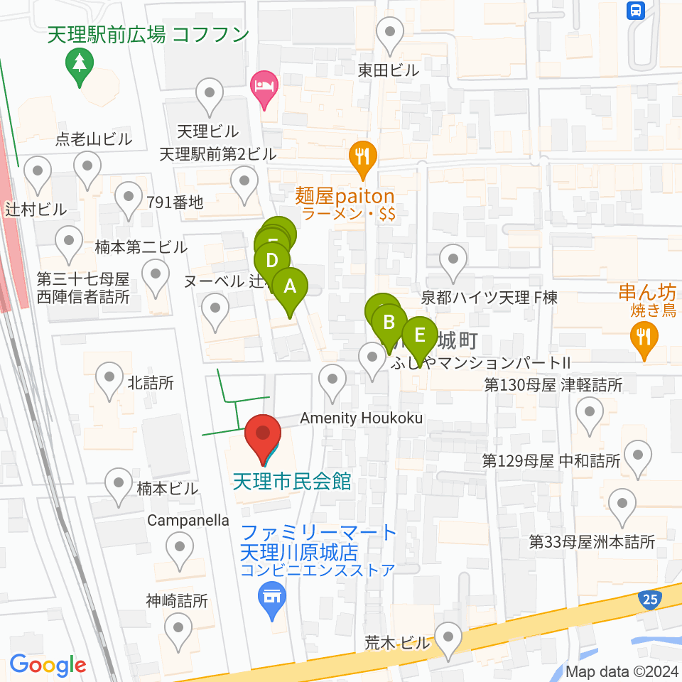 天理市民会館 やまのべホール周辺のファミレス・ファーストフード一覧地図