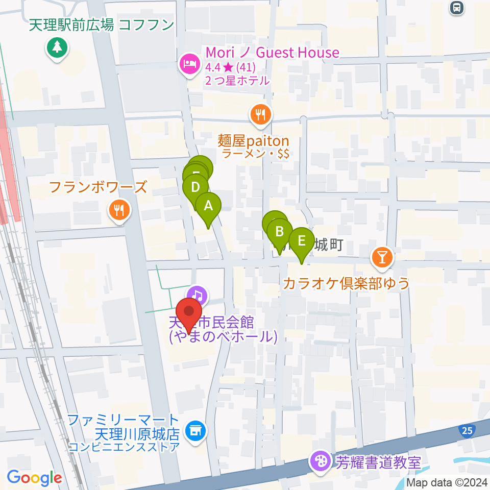 天理市民会館 やまのべホール周辺のファミレス・ファーストフード一覧地図