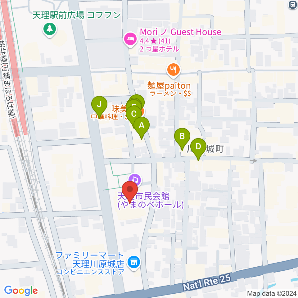 天理市民会館 やまのべホール周辺のファミレス・ファーストフード一覧地図