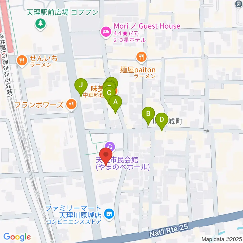 天理市民会館 やまのべホール周辺のファミレス・ファーストフード一覧地図