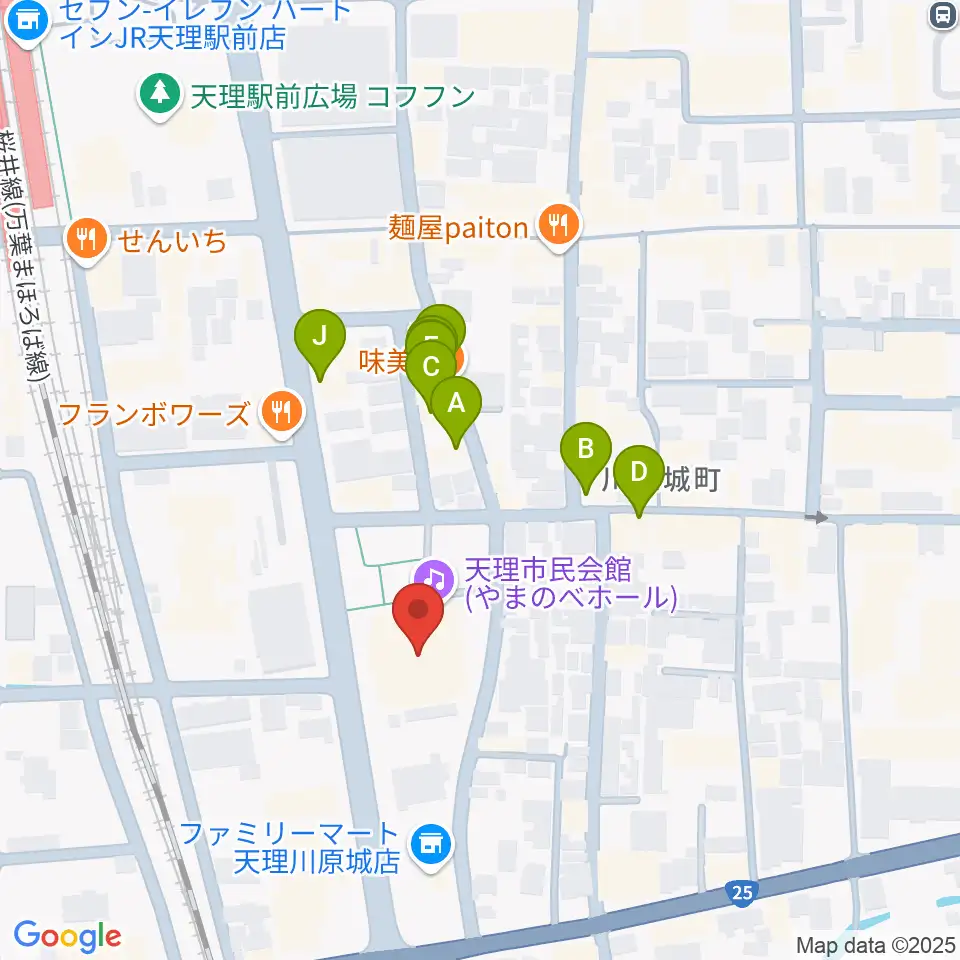 天理市民会館 やまのべホール周辺のファミレス・ファーストフード一覧地図