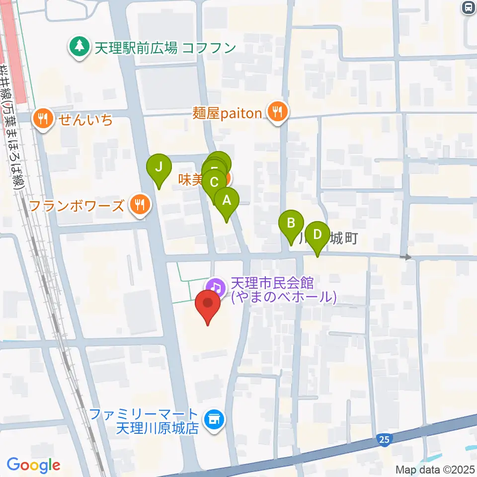 天理市民会館 やまのべホール周辺のファミレス・ファーストフード一覧地図