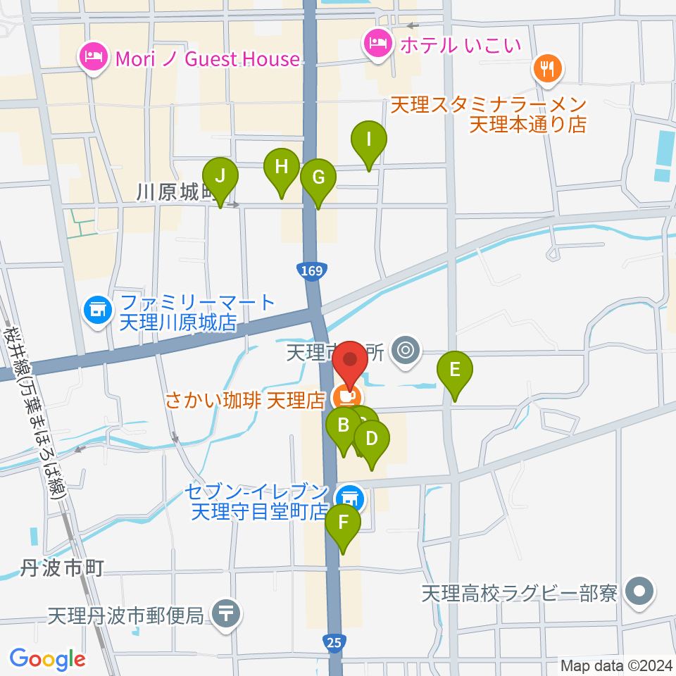 天理市文化センター周辺のファミレス・ファーストフード一覧地図