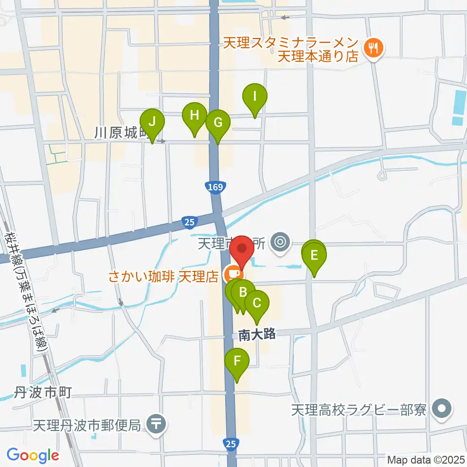 天理市文化センター周辺のファミレス・ファーストフード一覧地図