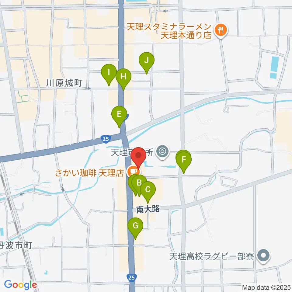 天理市文化センター周辺のファミレス・ファーストフード一覧地図