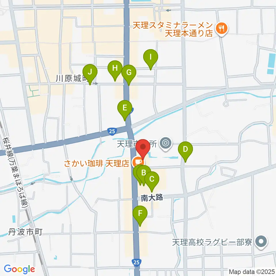 天理市文化センター周辺のファミレス・ファーストフード一覧地図