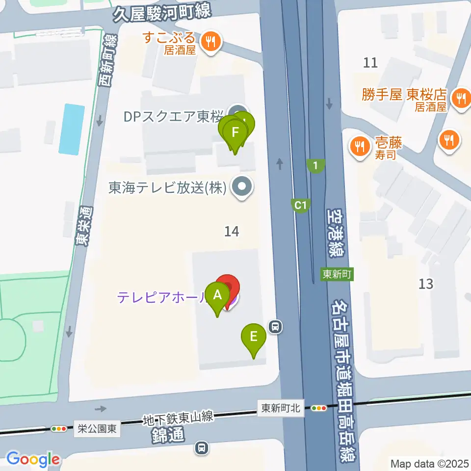 テレピアホール周辺のファミレス・ファーストフード一覧地図