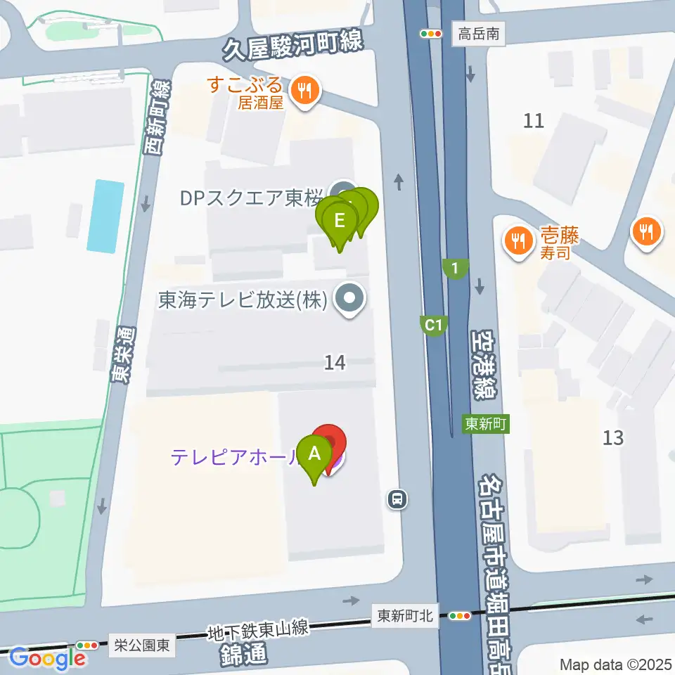 テレピアホール周辺のファミレス・ファーストフード一覧地図
