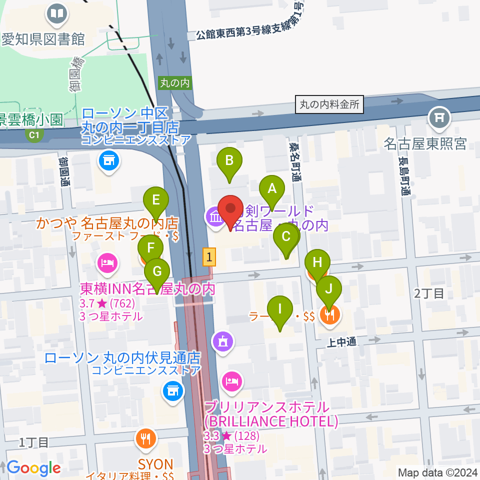 東建ホール・丸の内周辺のファミレス・ファーストフード一覧地図