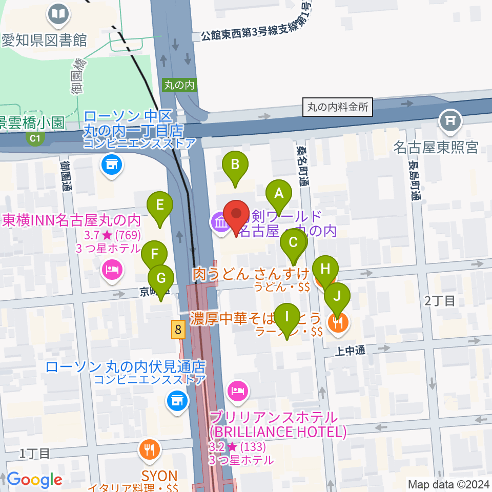 東建ホール・丸の内周辺のファミレス・ファーストフード一覧地図