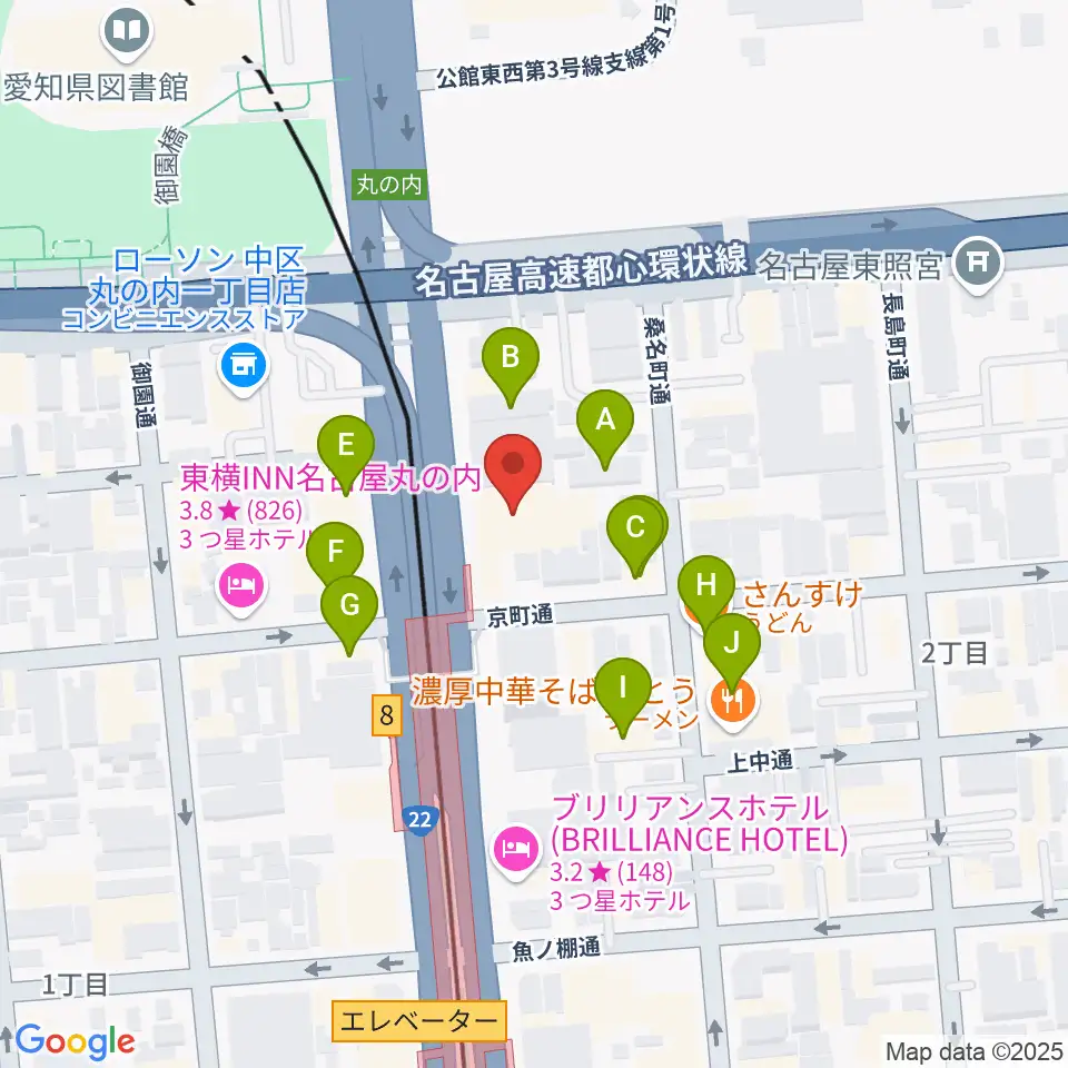 東建ホール・丸の内周辺のファミレス・ファーストフード一覧地図