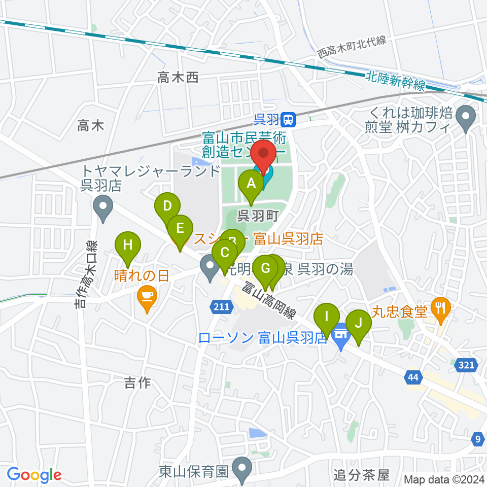 富山市民芸術創造センター周辺のファミレス・ファーストフード一覧地図